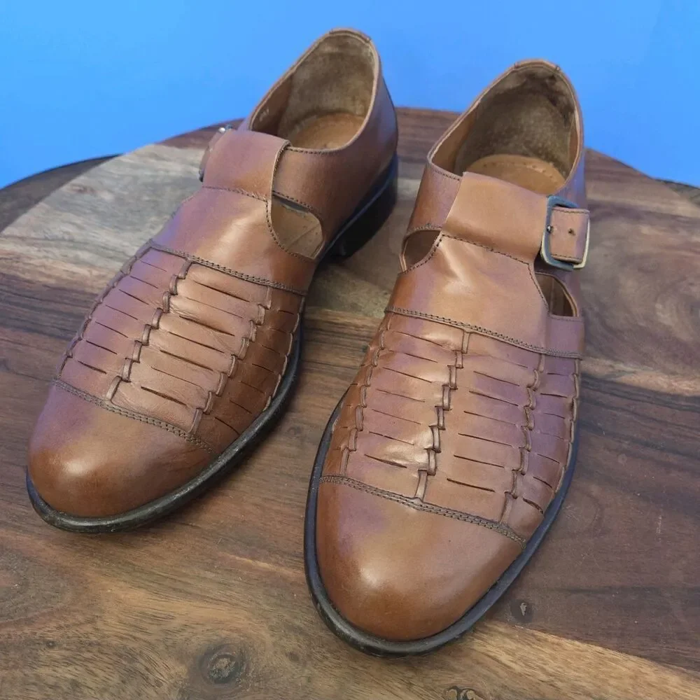 Bass Morris Woven Leather Fisherman Shoes Caramel Brown Made in Brazil Men's 9
